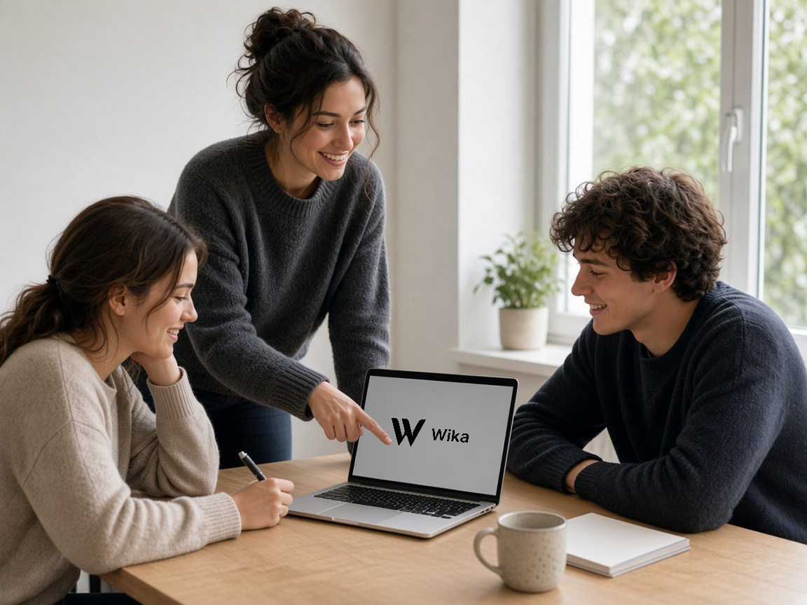 A young teacher and two students smiling over a laptop showing the Wika logo