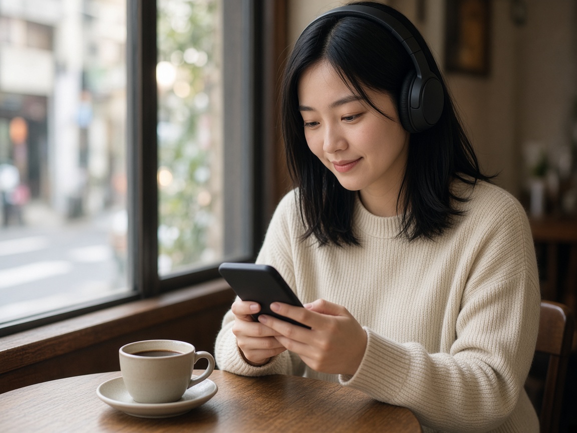 A student with headphones listening to a lesson on her phone in a café