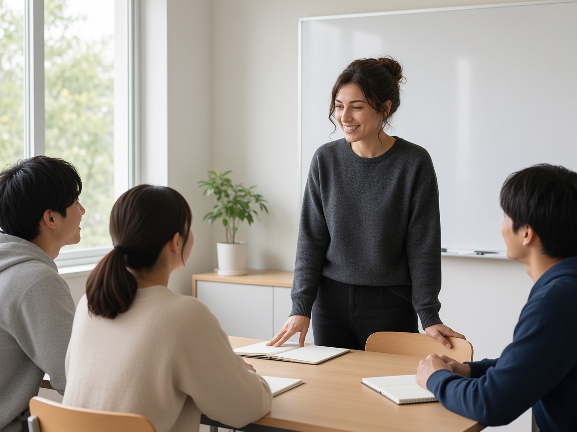 A teacher standing with three students around a table in a bright classroom