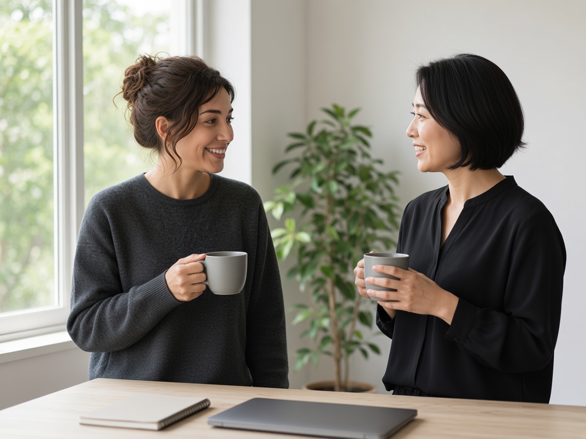 Two teachers talking over coffee in a bright school office